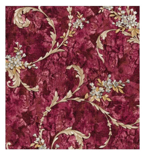 Five different floral patterned wallpapers with labels on a white background