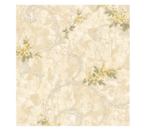 Five different floral patterned wallpapers with labels on a white background