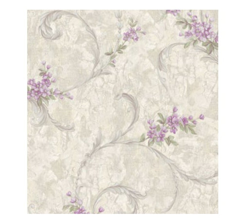 Five different floral patterned wallpapers with labels on a white background